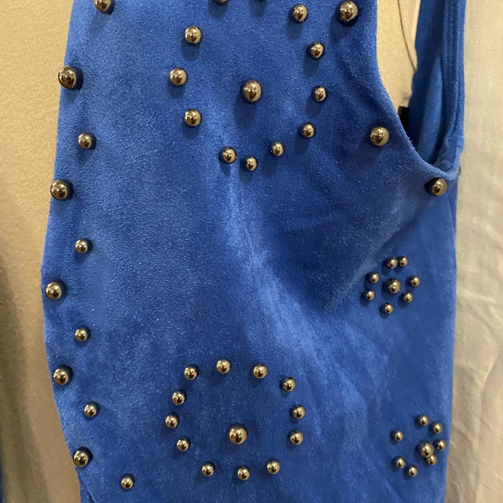 Vocal Stud Embellished Fringe Vest, feels like suede but washable, Royal Blue . - Picture 4 of 10